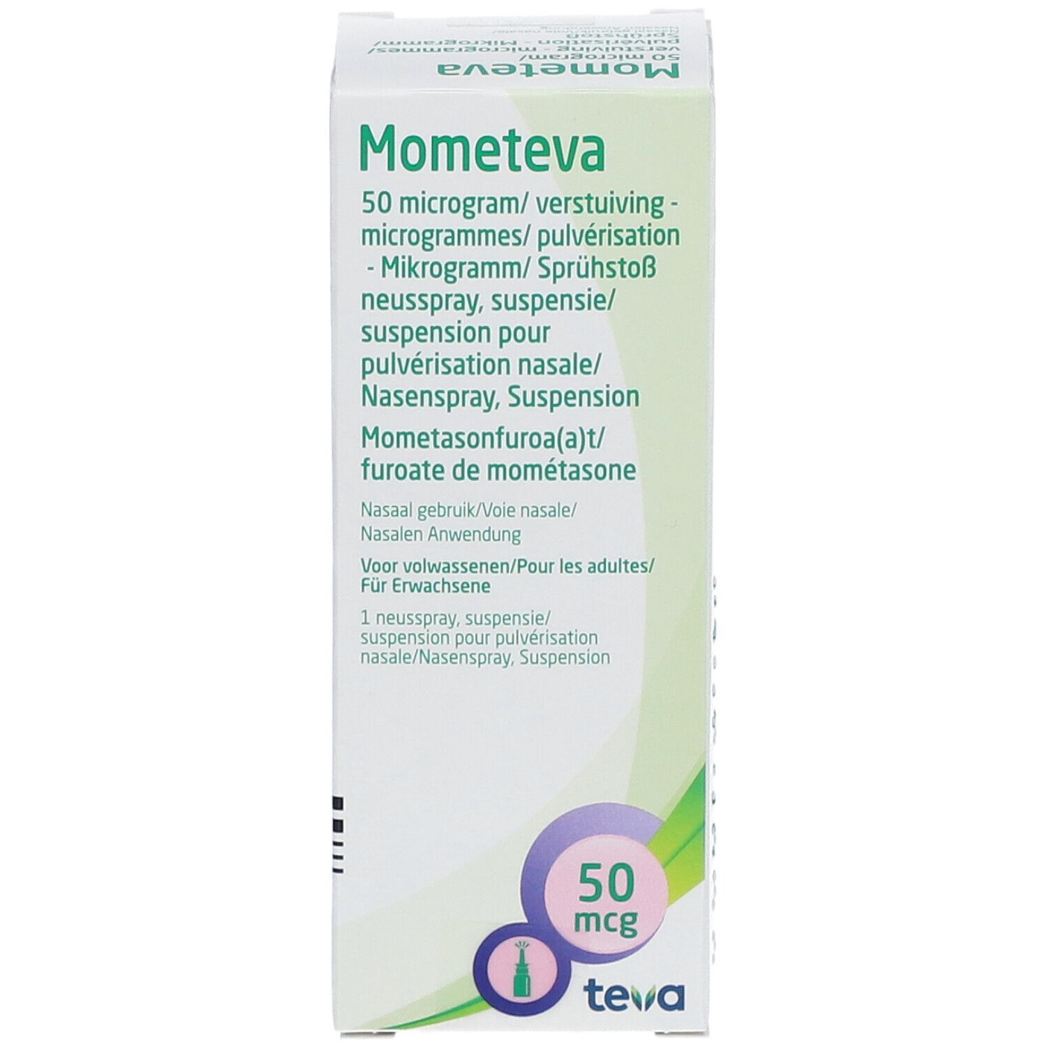 Doos met productinformatie. Opschrift: Mometeva, 50 mcg. Teva-logo. Groen-witte verpakking.