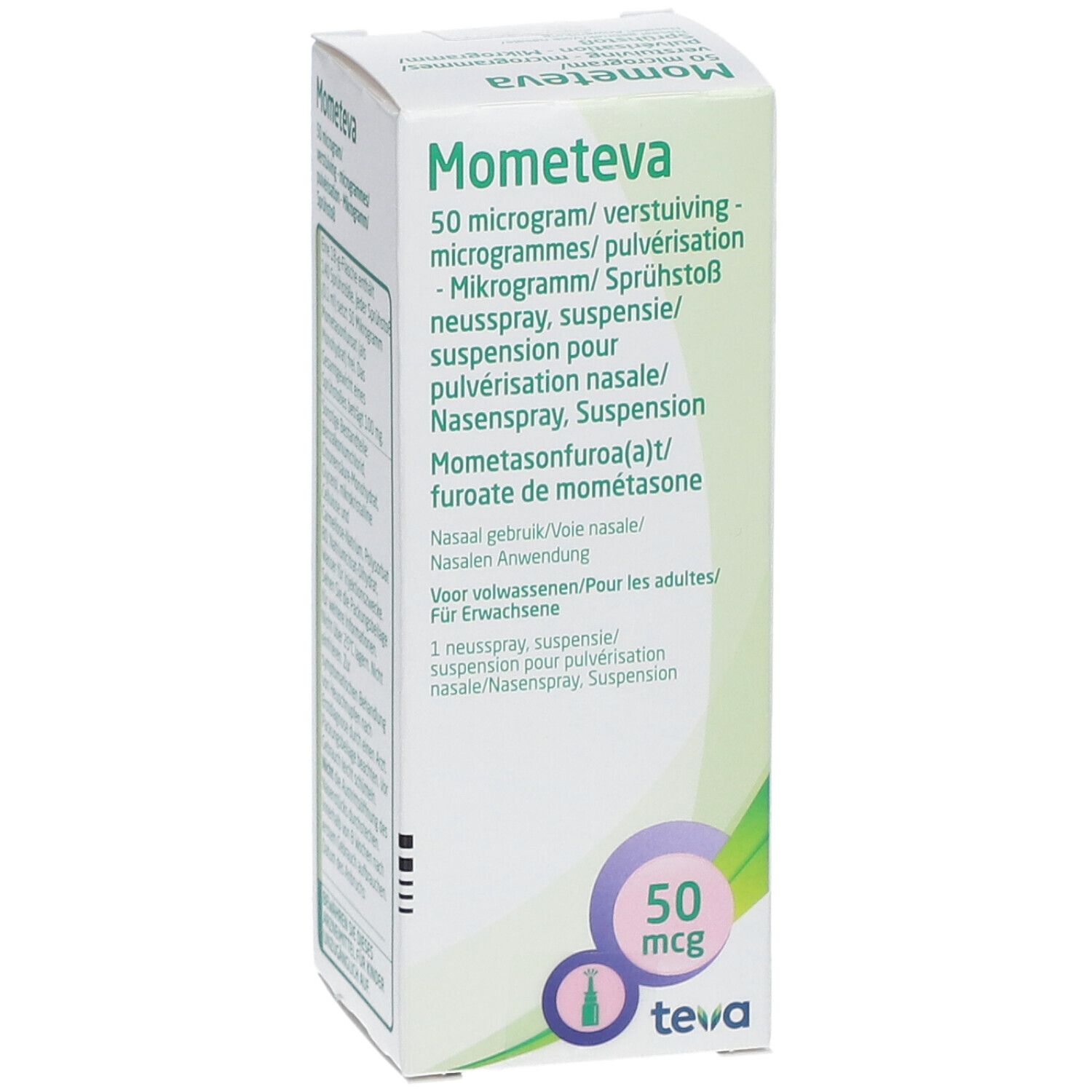 Doos met productinformatie. Opschrift: Mometeva, 50 mcg. Teva-logo. Groen-witte verpakking.
