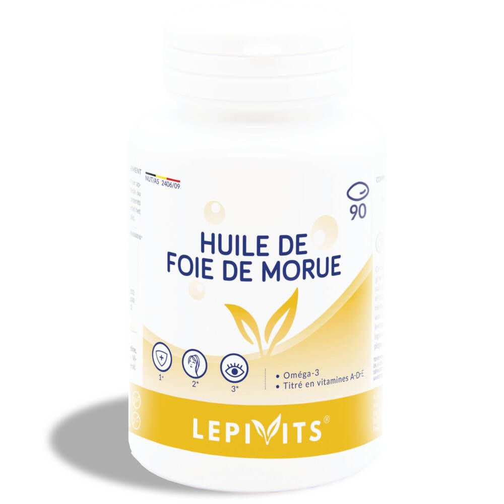 Flacon blanc de gélules. Inscription: Huile de Foie de Morue. Marque: LEPIVITS. Contient Oméga-3 et vitamines A-D.