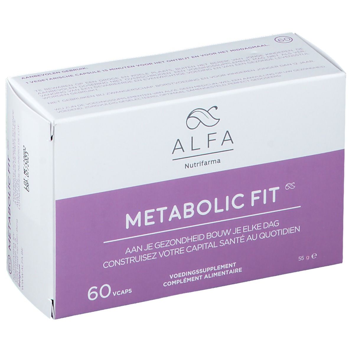 ALFA Metabolic Fit verpakking. Wit en paars. 60 capsules. Tekst: Voedingssupplement.