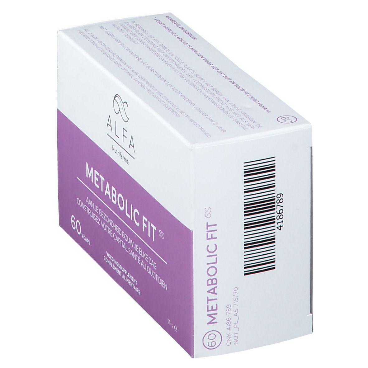 ALFA Metabolic Fit verpakking. Wit en paars. 60 capsules. Barcode op de zijkant.
