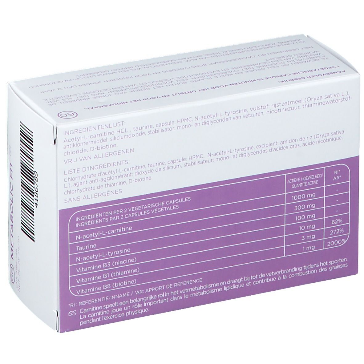 Achterkant ALFA Metabolic Fit verpakking. Ingrediëntenlijst en voedingstabel.