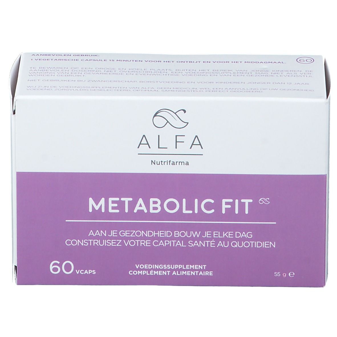 ALFA Metabolic Fit verpakking. Wit en paars. 60 capsules. Tekst: Voedingssupplement.
