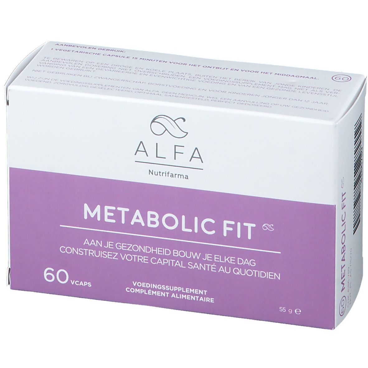 ALFA Metabolic Fit verpakking. Wit en paars. 60 capsules. Tekst: Voedingssupplement.