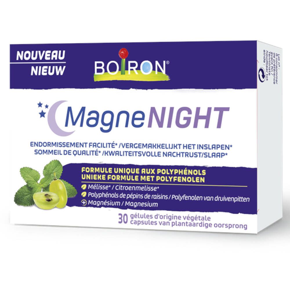 Schachtel mit BOIRON MagneNIGHT. Blaue und weiße Verpackung mit Produktnamen und Inhaltsstoffen. 30 Kapseln.