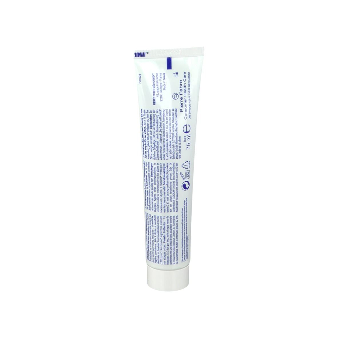 Tube de dentifrice blanche, texte bleu. Dos avec texte et logo.