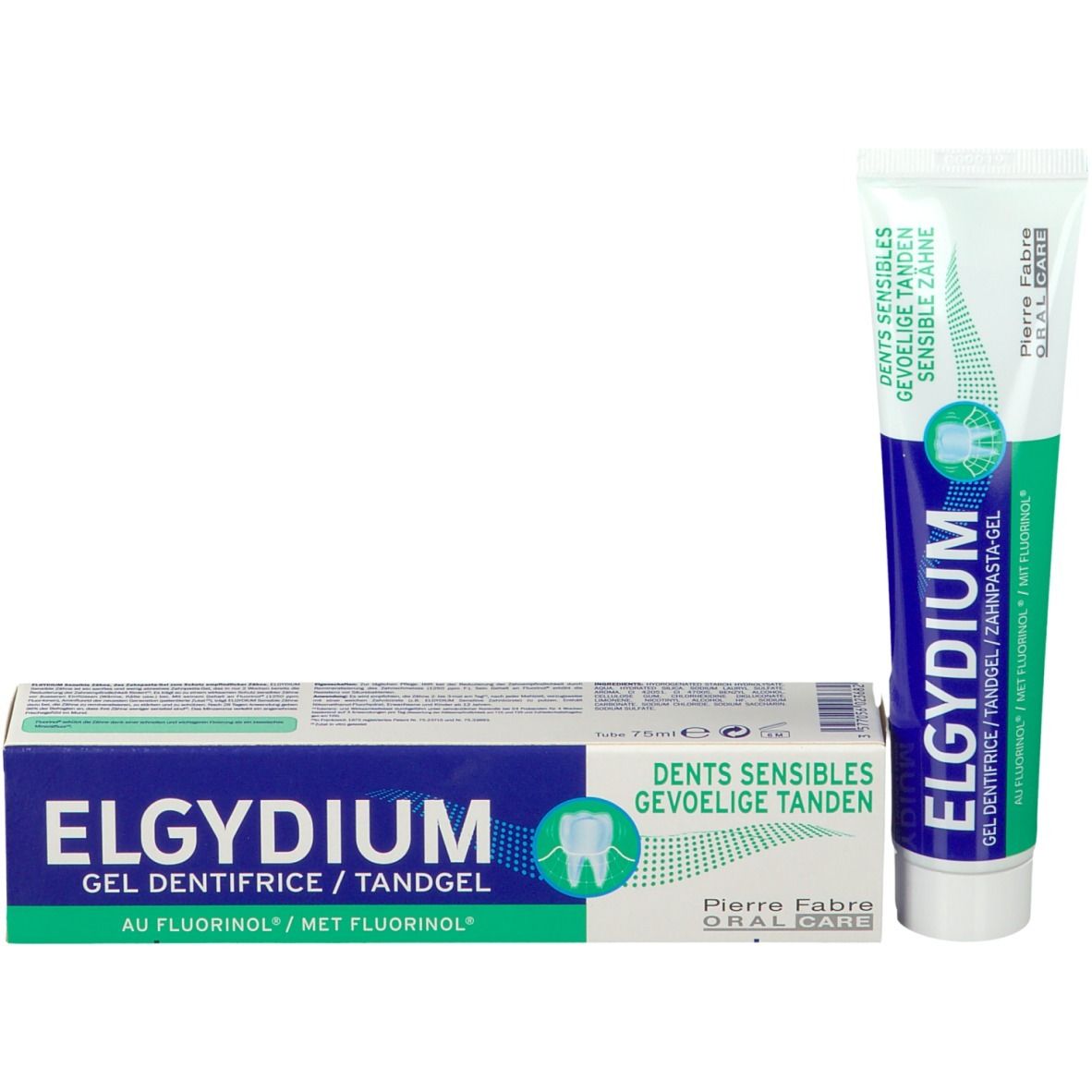 Tube et boîte de dentifrice. Tube bleu-blanc, boîte bleu-blanc. Texte: ELGYDIUM.