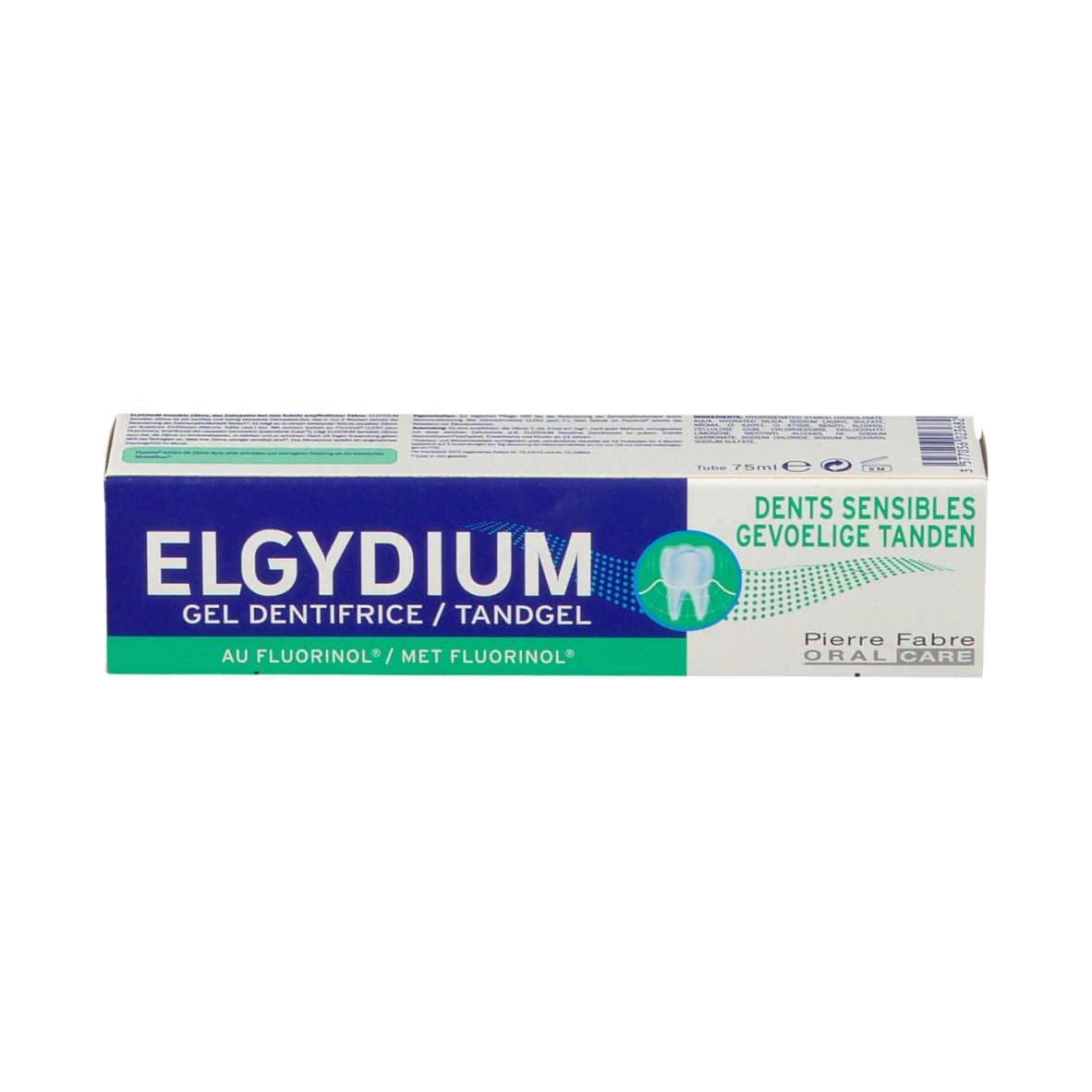 Boîte, bleu-blanc. Texte: ELGYDIUM, DENTS SENSIBLES, GEL DENTIFRICE/TANDGEL.