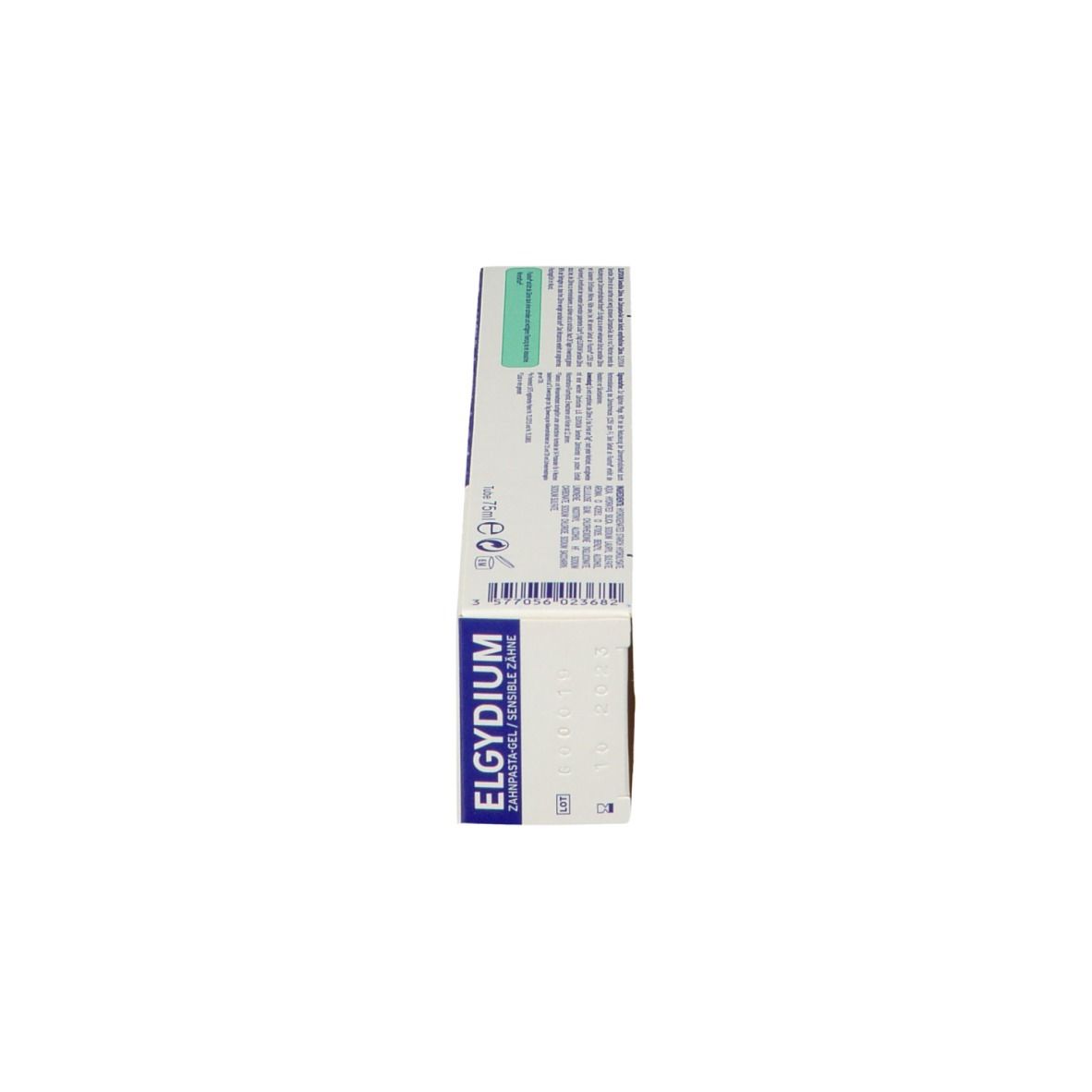 Boîte, bleu-blanc. Texte: ELGYDIUM, DENTS SENSIBLES, GEL DENTIFRICE/TANDGEL.