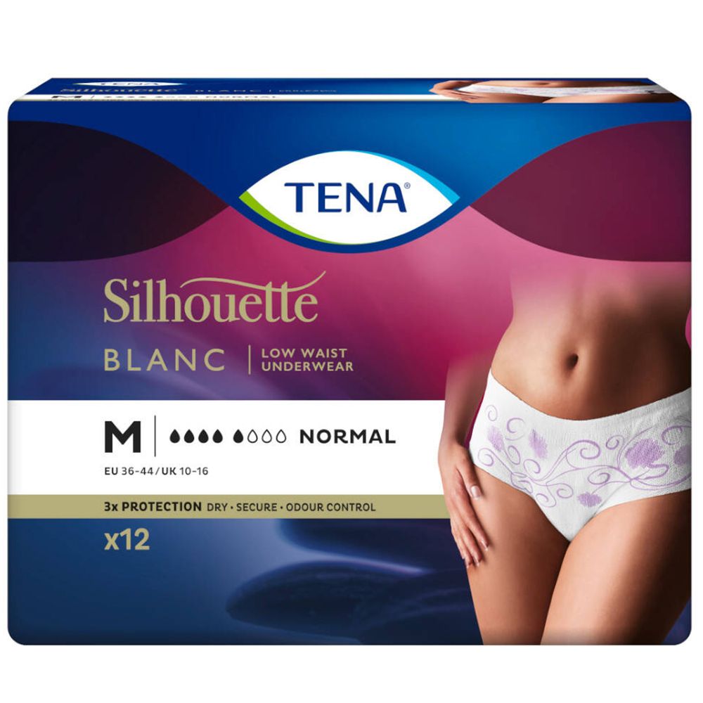 Paquet de TENA Silhouette Blanc Low Waist Underwear Medium. Taille M, 12 unités. Inscription : Silhouette, Blanc, Normal.