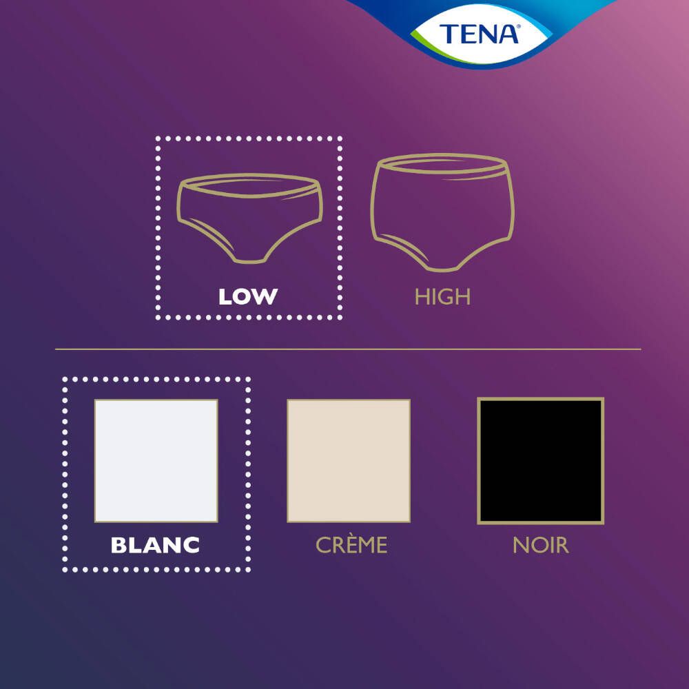 Graphique avec Low Waist et High Waist. Options de couleurs : Blanc, Crème, Noir. Marque : TENA.