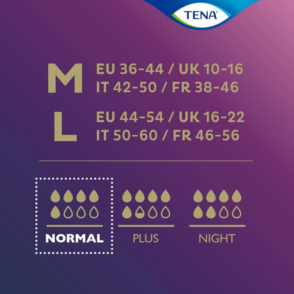 Informations de taille pour TENA Silhouette. M : EU 36-44, UK 10-16, IT 42-50, FR 38-46. L : EU 44-54, UK 16-22, IT 50-60, FR 46-56.