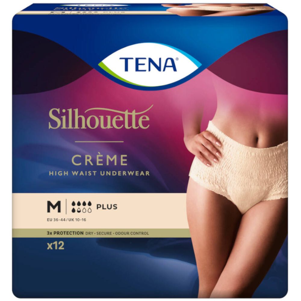 TENA Silhouette Crème Gr. M. Culottes d'incontinence taille haute. Paquet de 12. Inscriptions : M, Plus, gouttes.