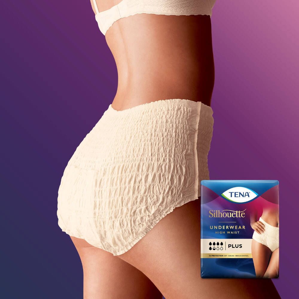 TENA Silhouette Crème. Culottes d'incontinence taille haute. Produit et emballage. Inscriptions : Silhouette, High Waist, Crème.