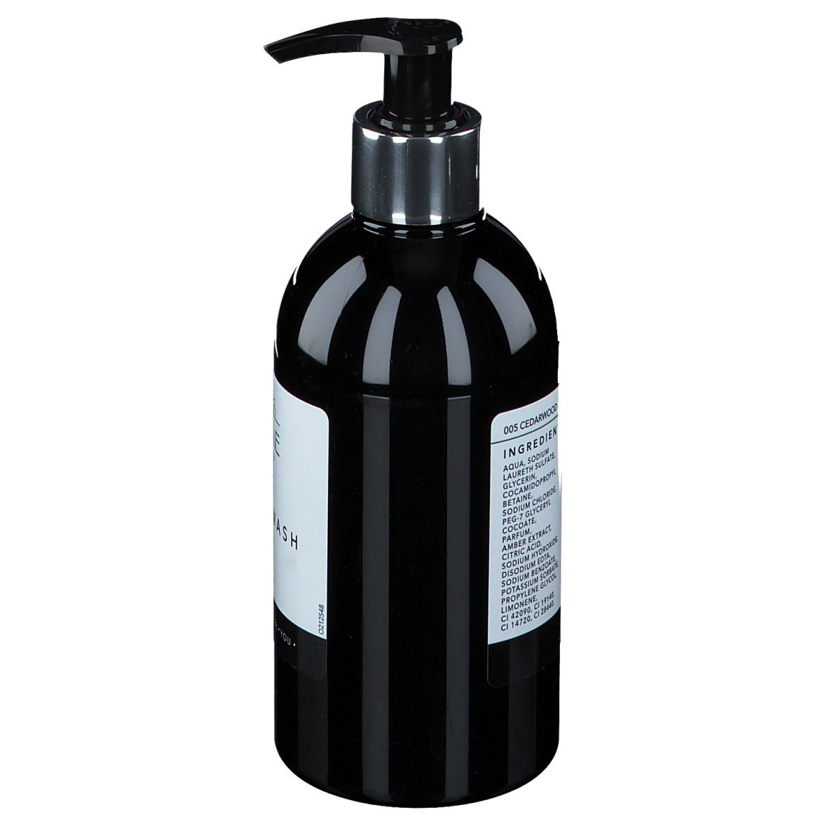 Zwarte fles met pomp. Opschrift: Ingrediënten. Verticale strepen. Zilveren pomp.