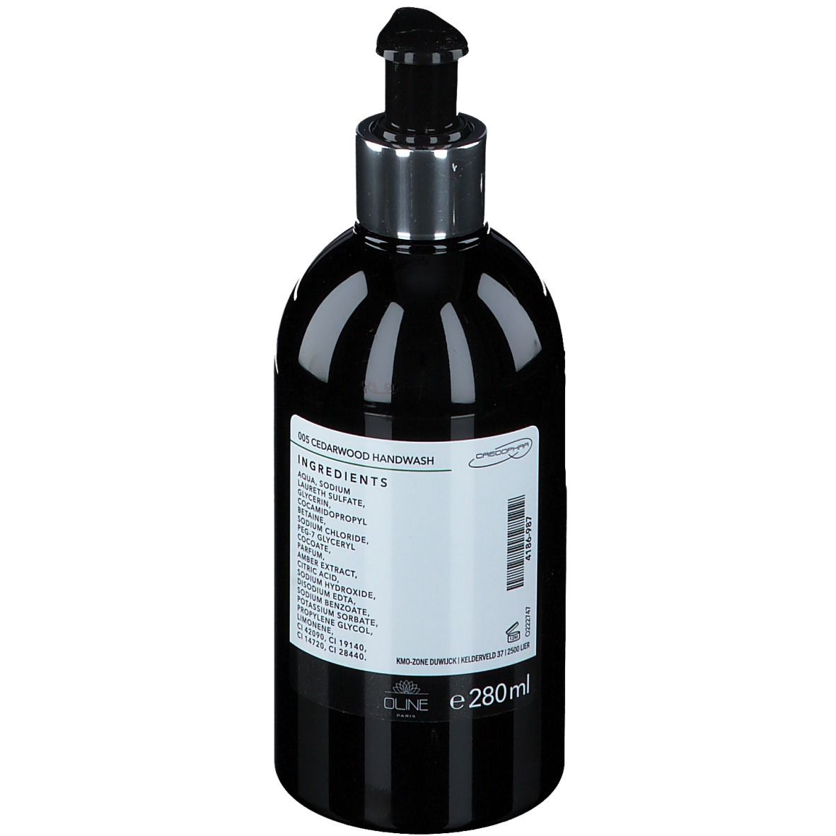 Zwarte fles met pomp. Opschrift: Ingrediënten, 280ml. Verticale strepen. Zilveren pomp.