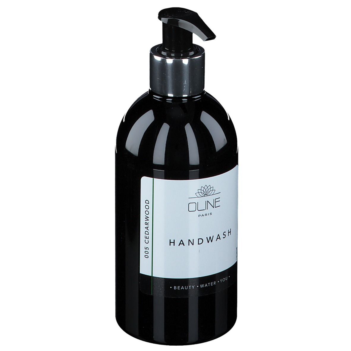 Zwarte fles met pomp. Opschrift: Oline Paris, Handwash. Verticale strepen. Zilveren pomp.