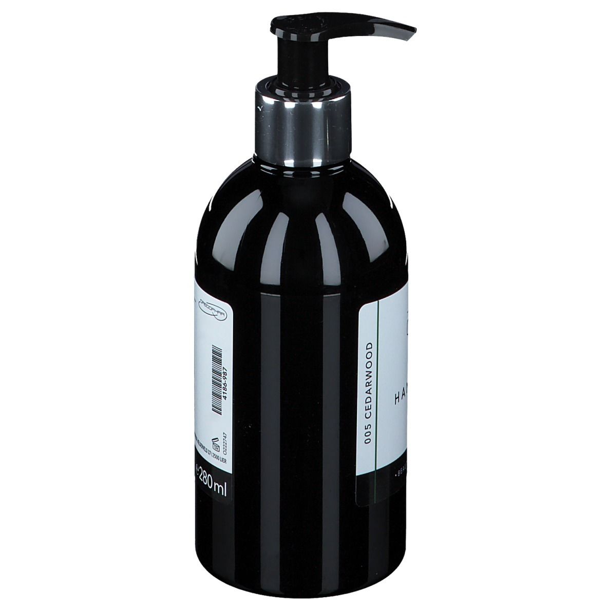 Zwarte fles met pomp. Opschrift: Handwash, 280ml. Verticale strepen. Zilveren pomp.