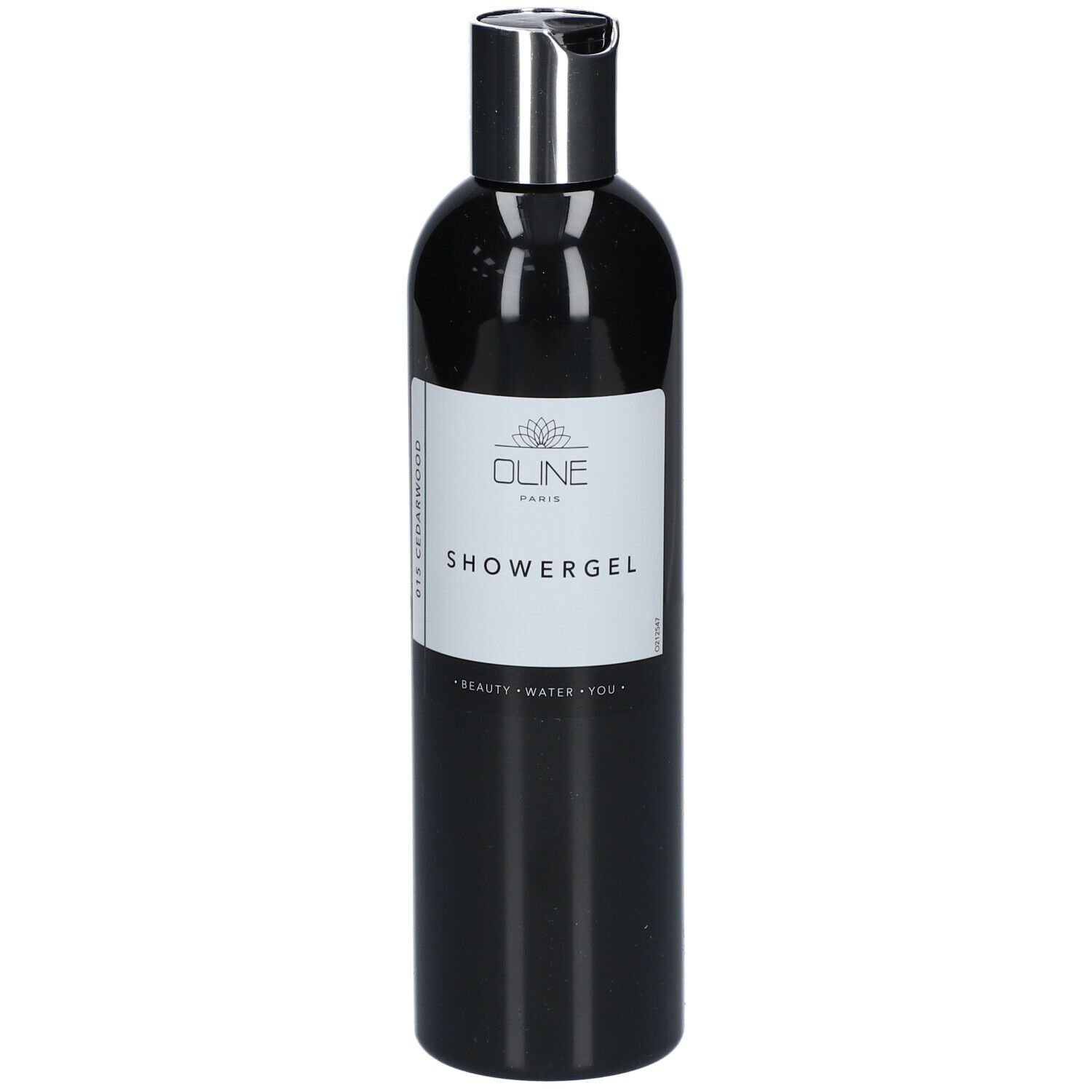 Zwarte fles met zilveren dop. Wit etiket met tekst. Oline Showergel. "Beauty - Water - You".