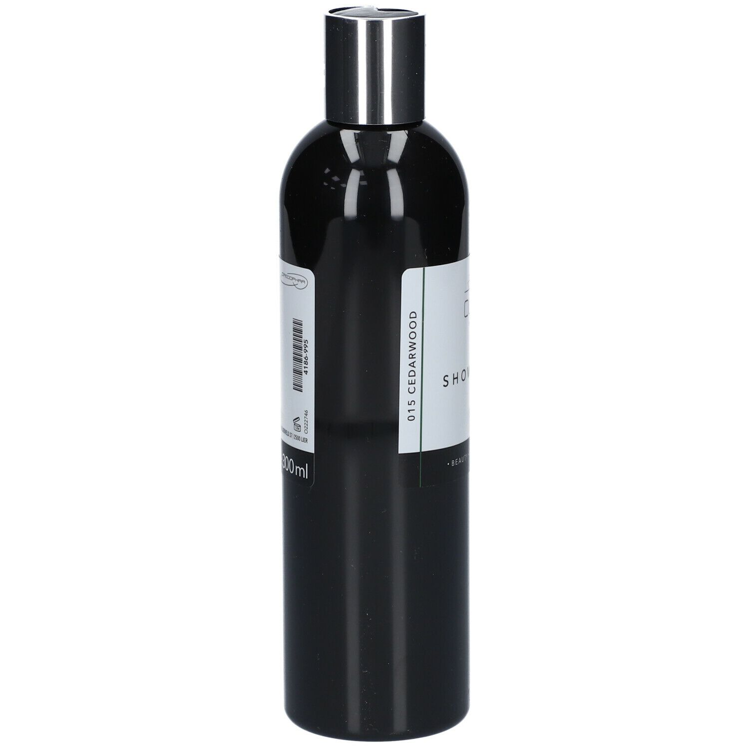 Zwarte fles met zilveren dop. Wit etiket met tekst. Oline Showergel. "015 Cedarwood".