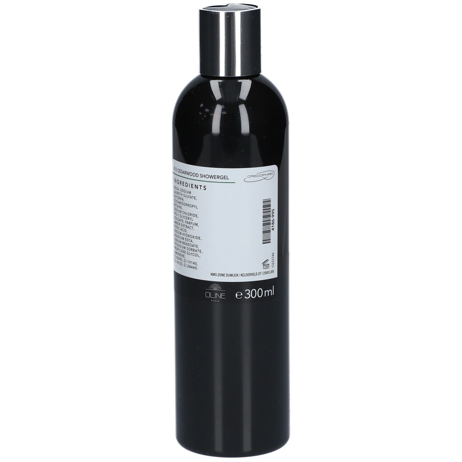 Zwarte fles met zilveren dop. Wit etiket met ingrediënten. Oline Showergel. 300ml.