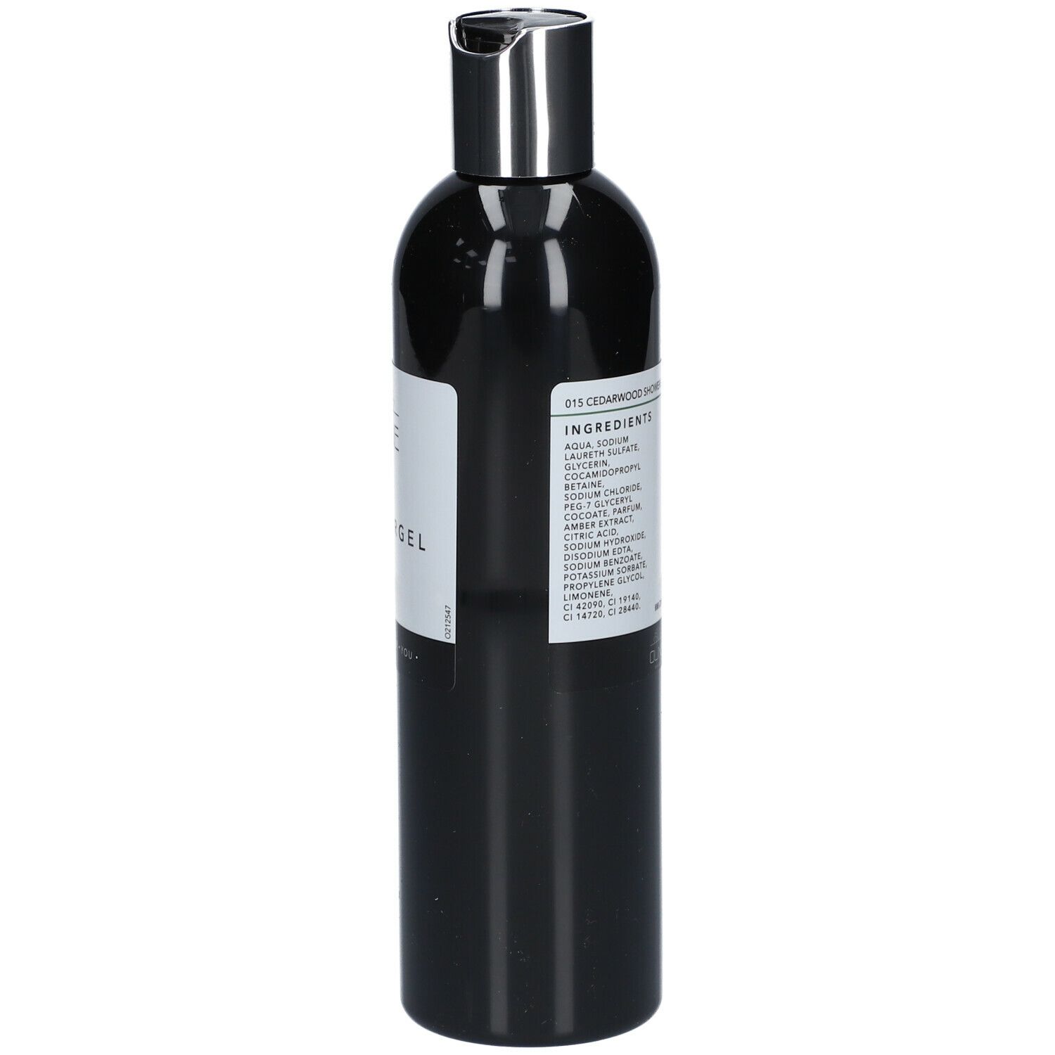 Zwarte fles met zilveren dop. Wit etiket met ingrediënten. Oline Showergel. 300ml.