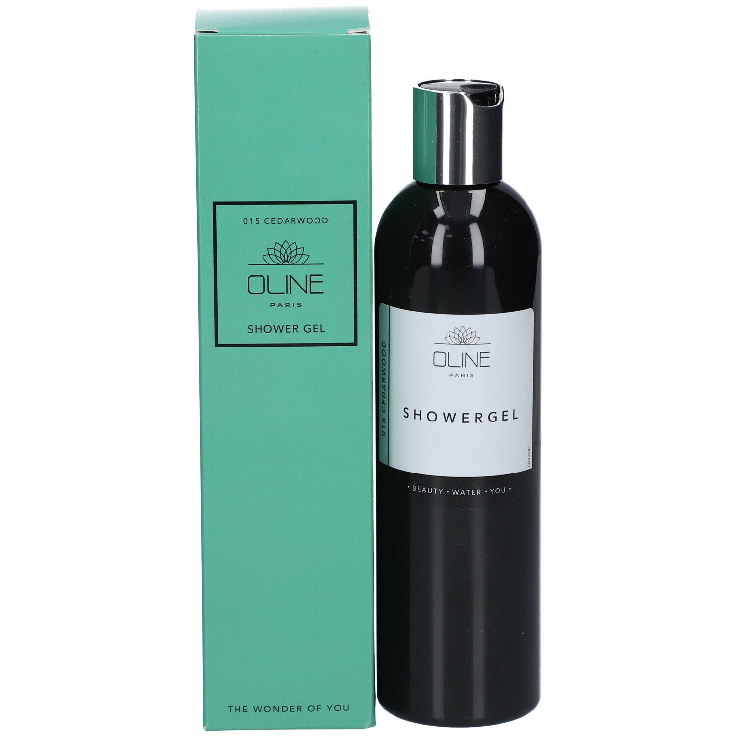 Zwarte fles met zilveren dop en groene doos. Oline Showergel. "015 Cedarwood".