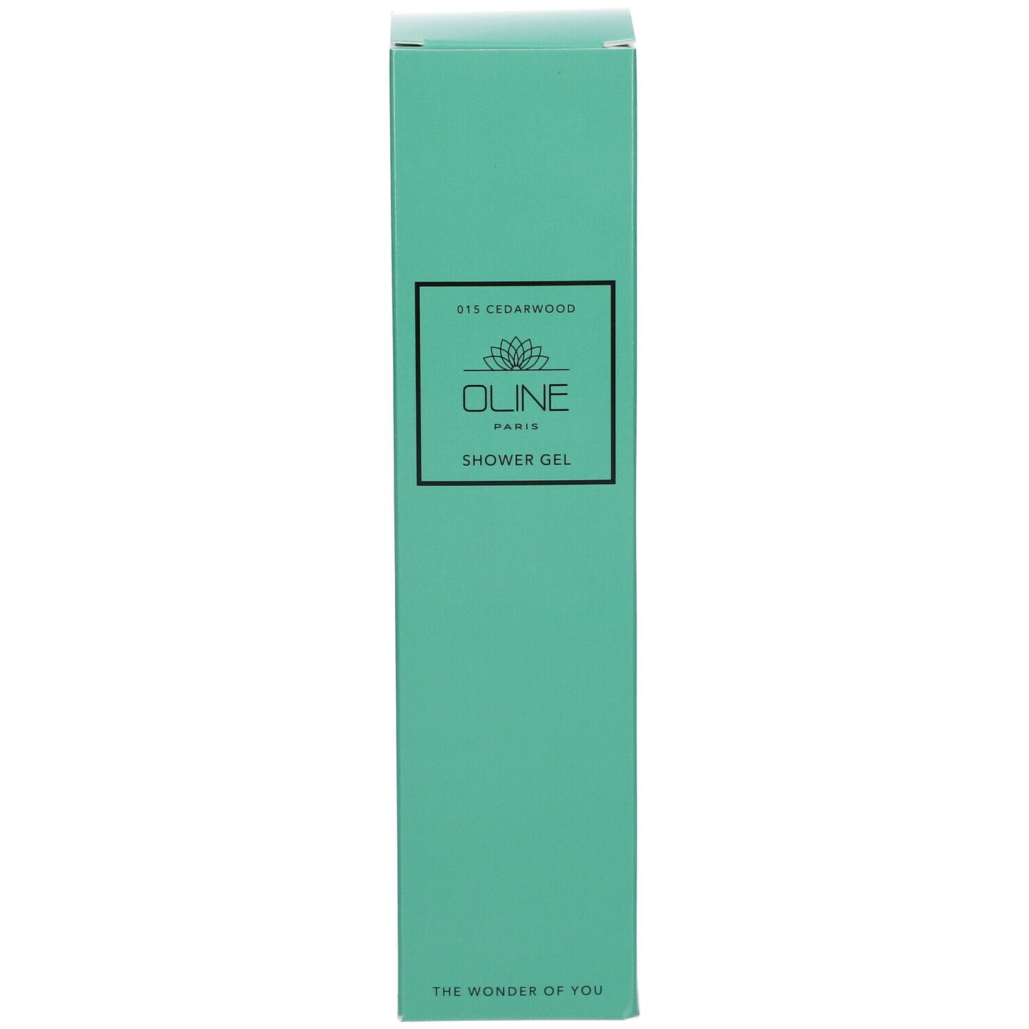 Groene doos met tekst. Oline Showergel. "015 Cedarwood". "The Wonder of You".