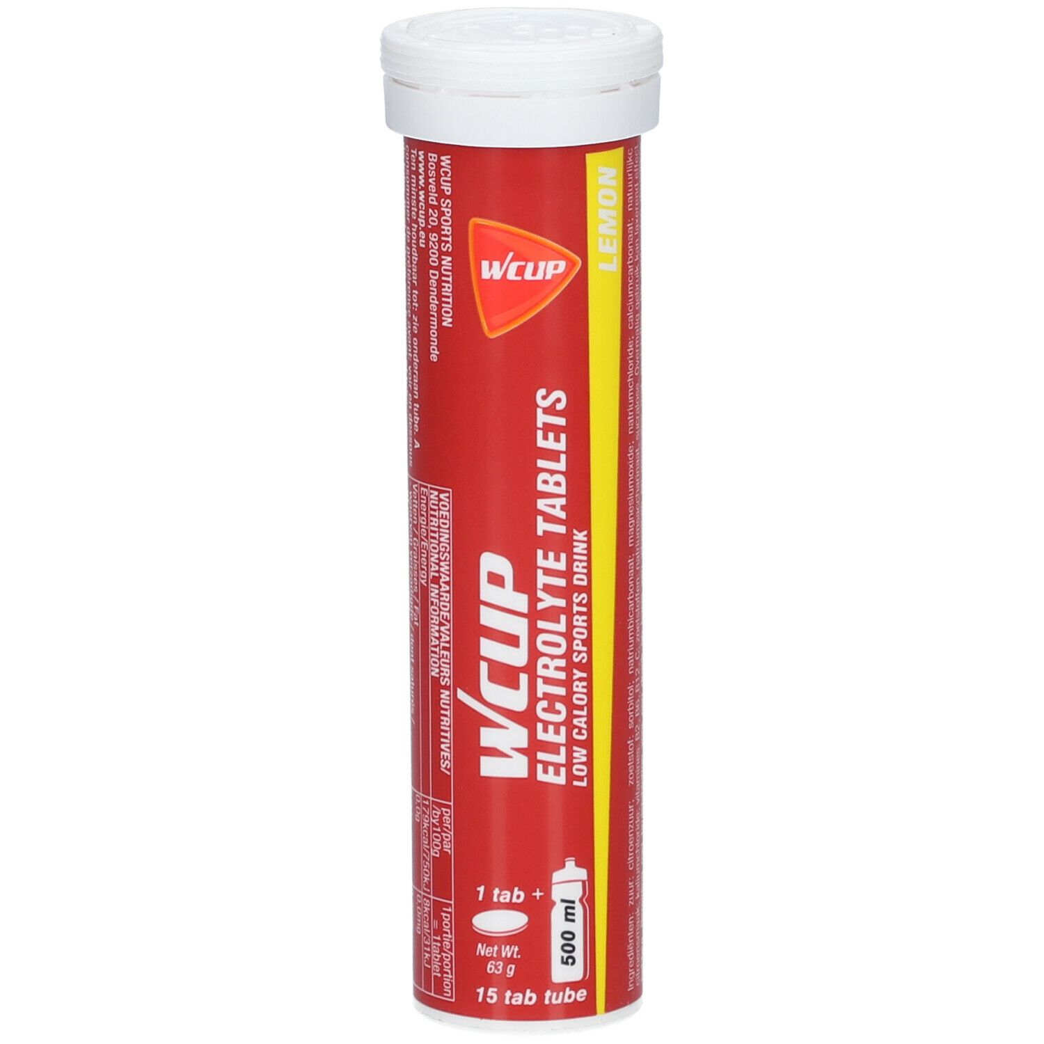 Rote Tube mit weißen Deckel. Aufschrift: WCUP Elektrolyt Tablets, Lemon. 15 Tabletten.