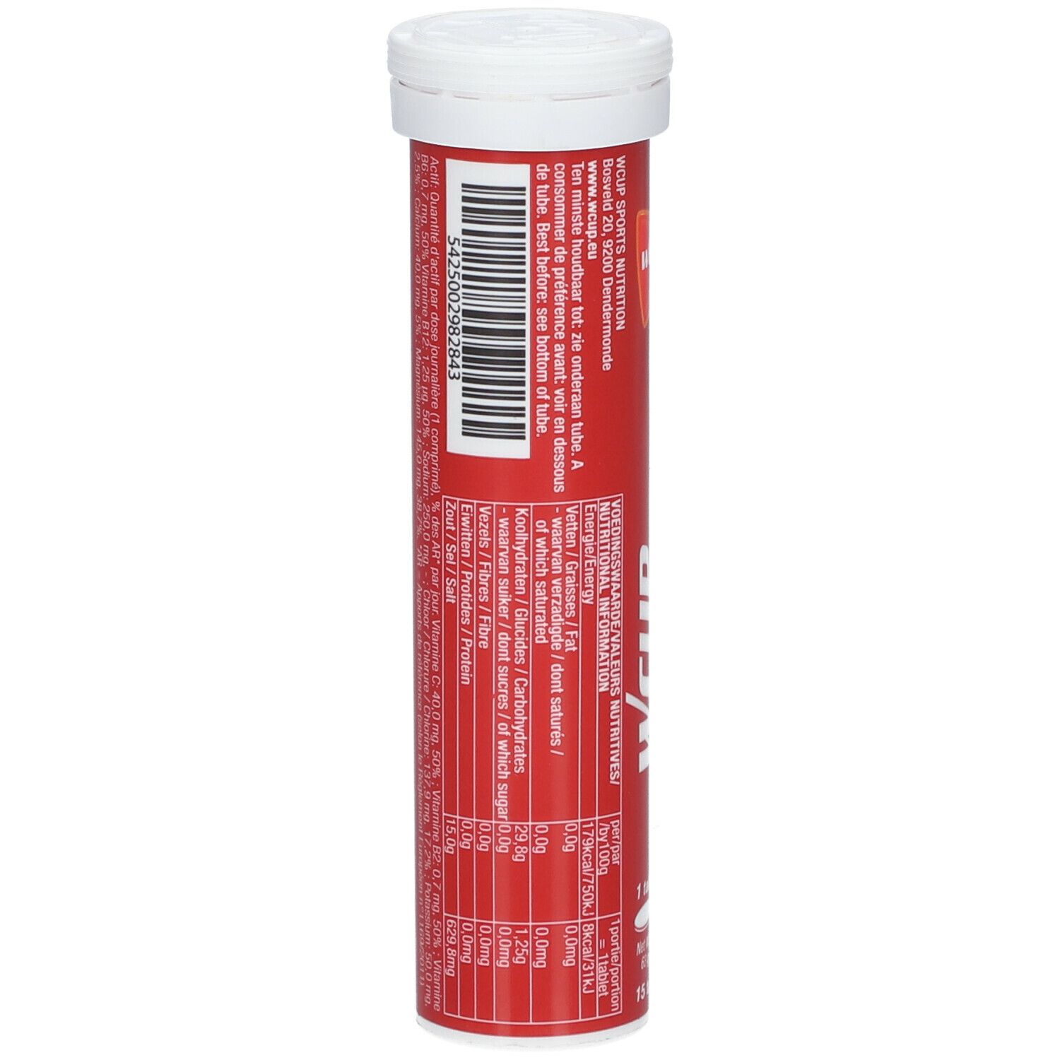 Rote Tube mit weißem Deckel. Barcode und Nährwertangaben. Text in mehreren Sprachen.