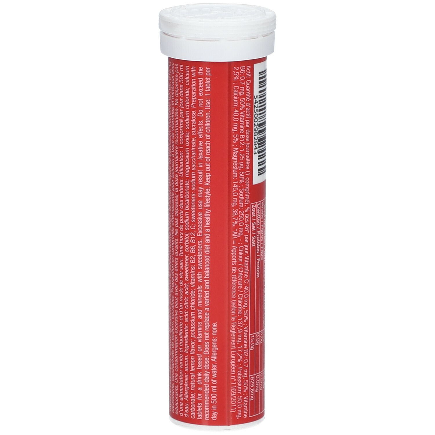 Rote Tube mit weißem Deckel. Zutatenliste und Nährwertangaben. Text in mehreren Sprachen.