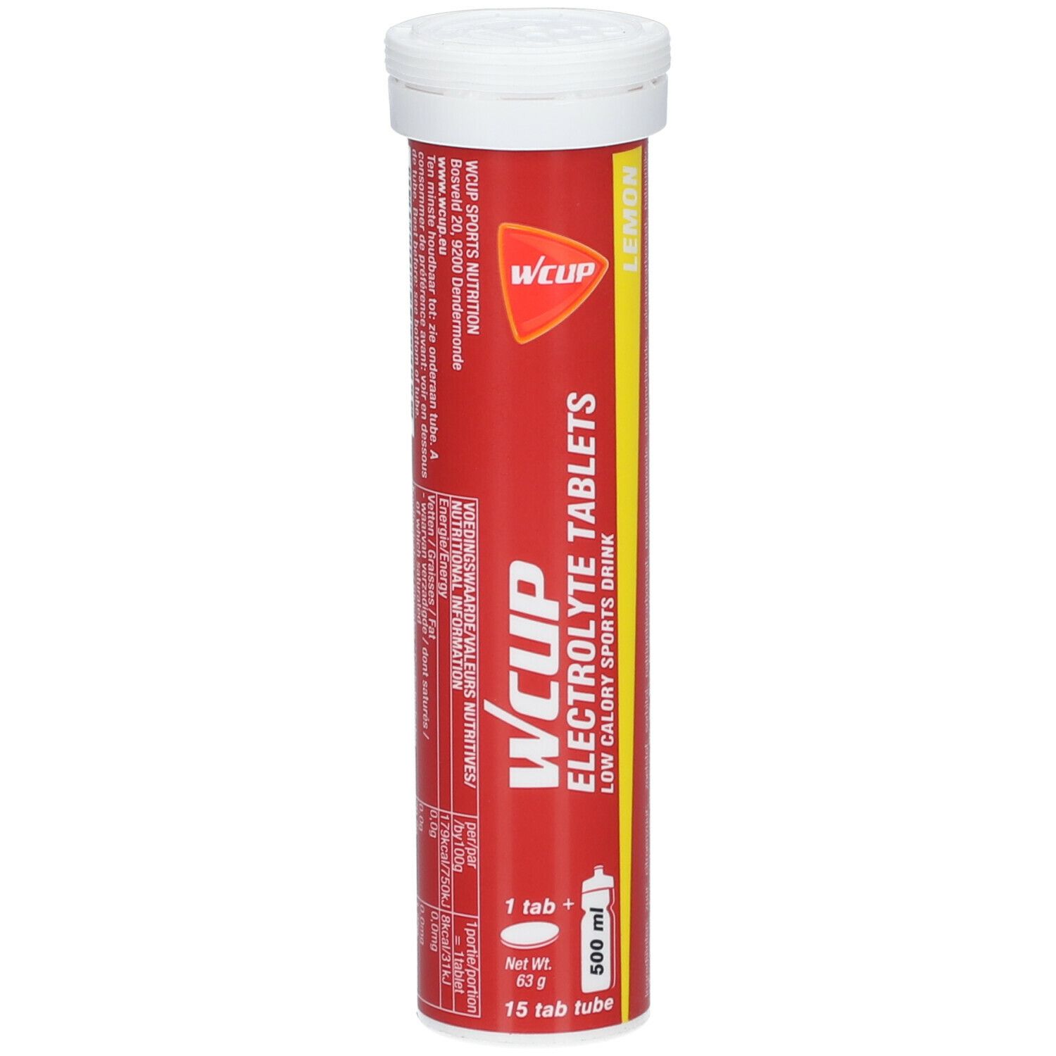 Rote Tube mit weißem Deckel. Aufschrift: WCUP Elektrolyt Tablets, Lemon. 15 Tabletten.