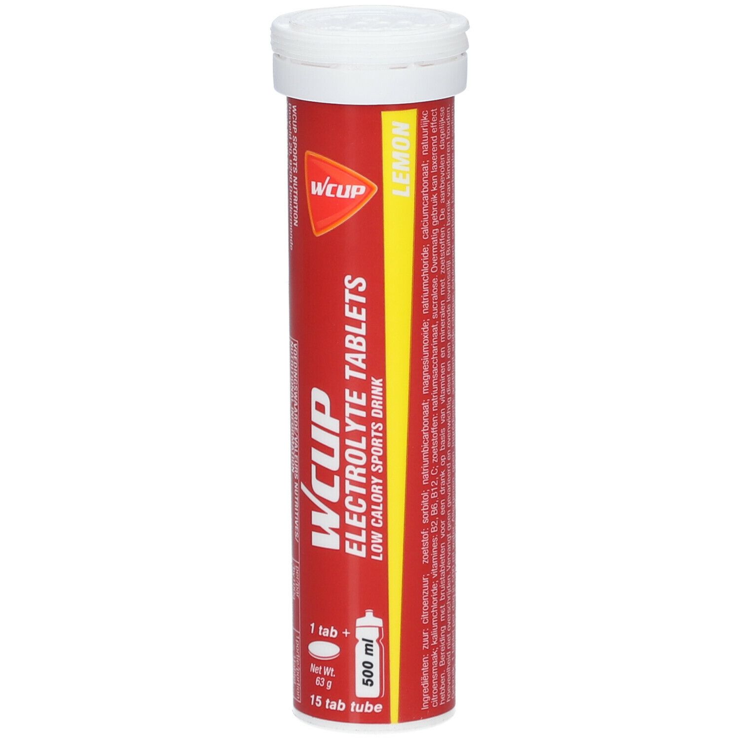 Rote Tube mit weißem Deckel. Aufschrift: WCUP Elektrolyt Tablets, Lemon. 15 Tabletten.