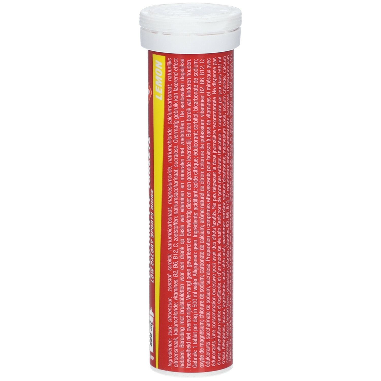Rote Tube mit weißem Deckel. Zutatenliste und Nährwertangaben. Text in mehreren Sprachen.