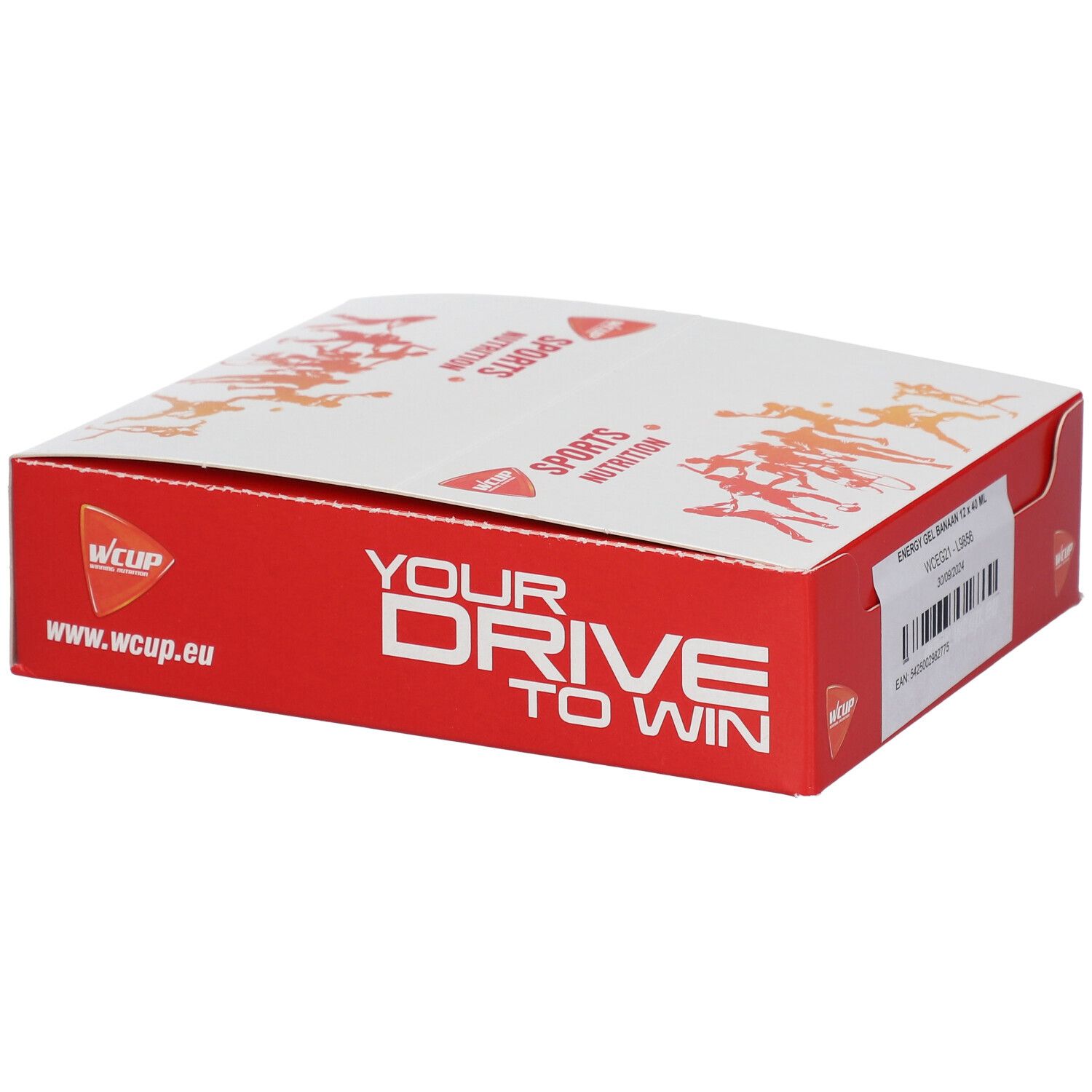 Rode en witte kartonnen verpakking. Opschrift: YOUR DRIVE TO WIN. Logo en websiteadres.
