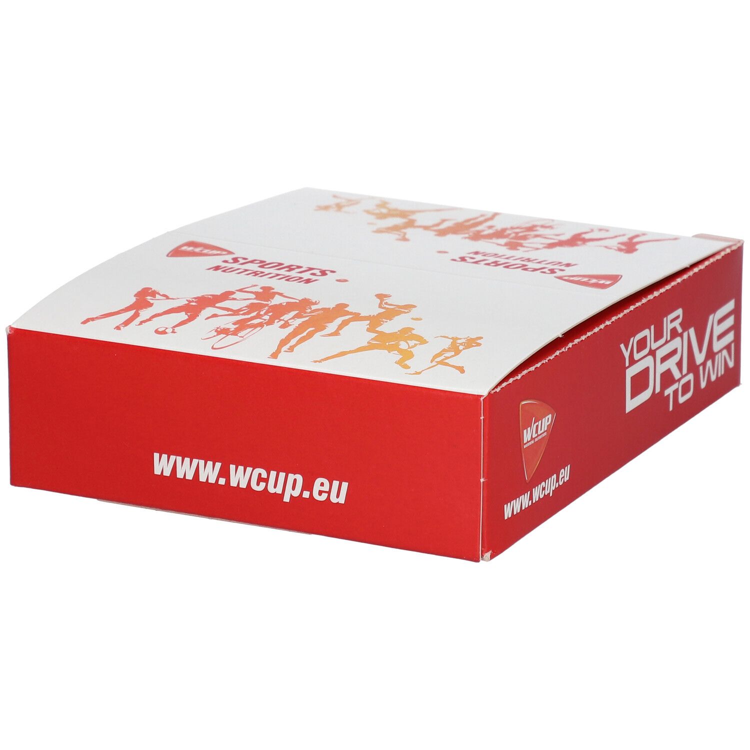 Rode en witte kartonnen verpakking. Opschrift: www.wcup.eu. Logo en sportillustraties.