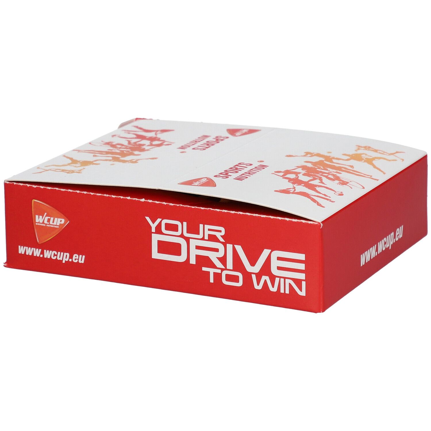 Rode en witte kartonnen verpakking. Opschrift: YOUR DRIVE TO WIN. Logo en websiteadres.