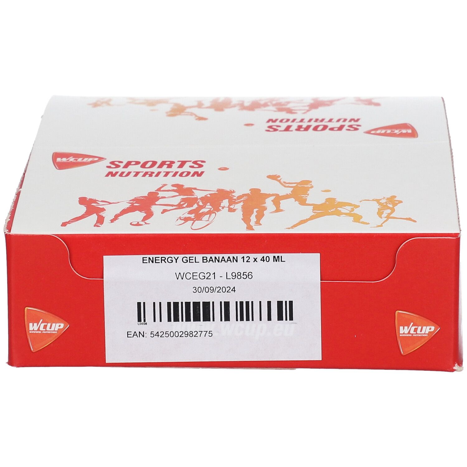 Rode en witte kartonnen verpakking. Opschrift: ENERGY GEL BANANE 12 x 40 ML. Barcode en logo.