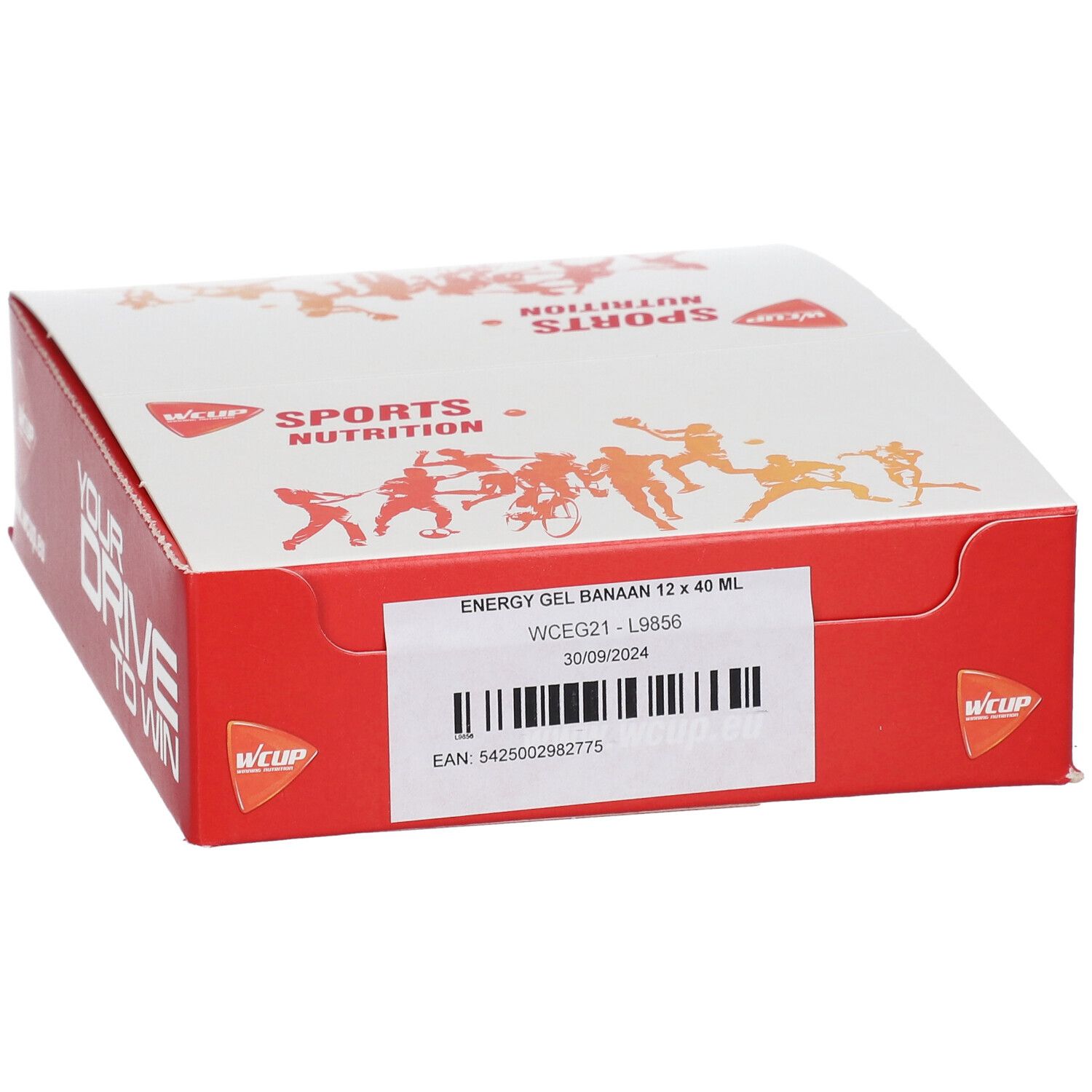 Rode en witte kartonnen verpakking. Opschrift: ENERGY GEL BANANE 12 x 40 ML. Barcode en logo.