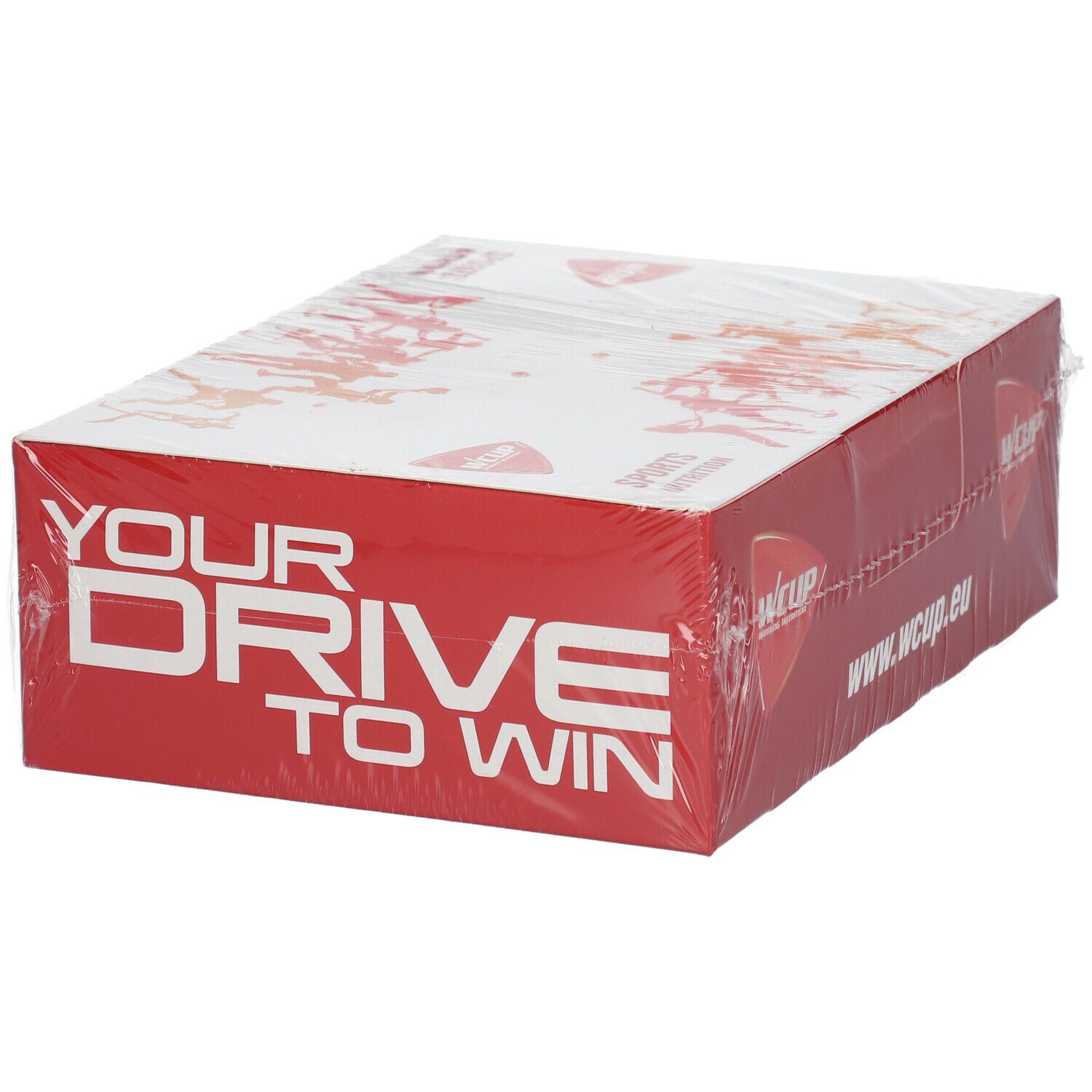 Emballage rouge et blanc, logo WCUP et texte. Emballé dans du film plastique. Inscription : YOUR DRIVE TO WIN.