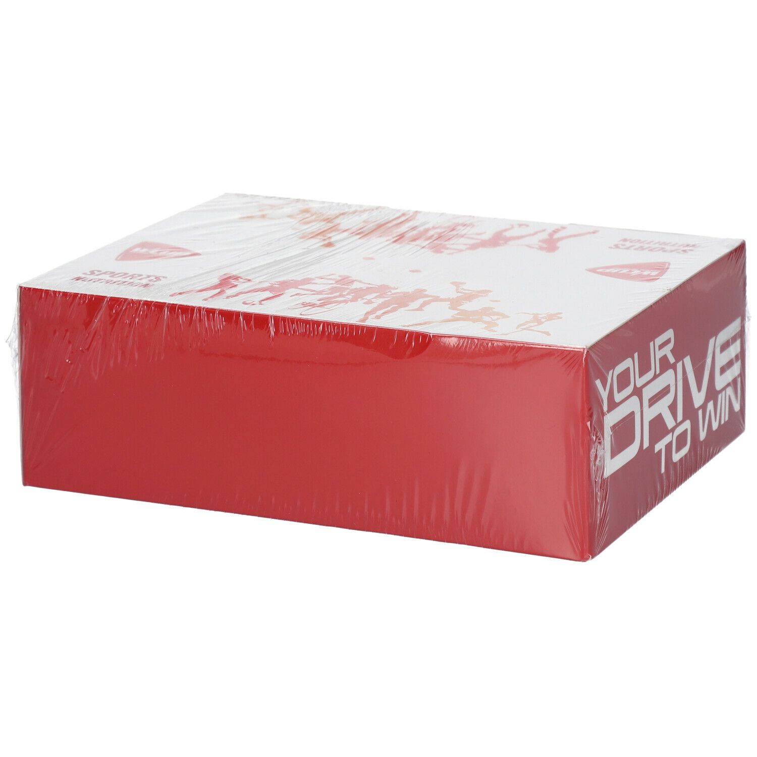 Emballage rouge et blanc, logo WCUP et texte. Emballé dans du film plastique. Inscription : YOUR DRIVE TO WIN.