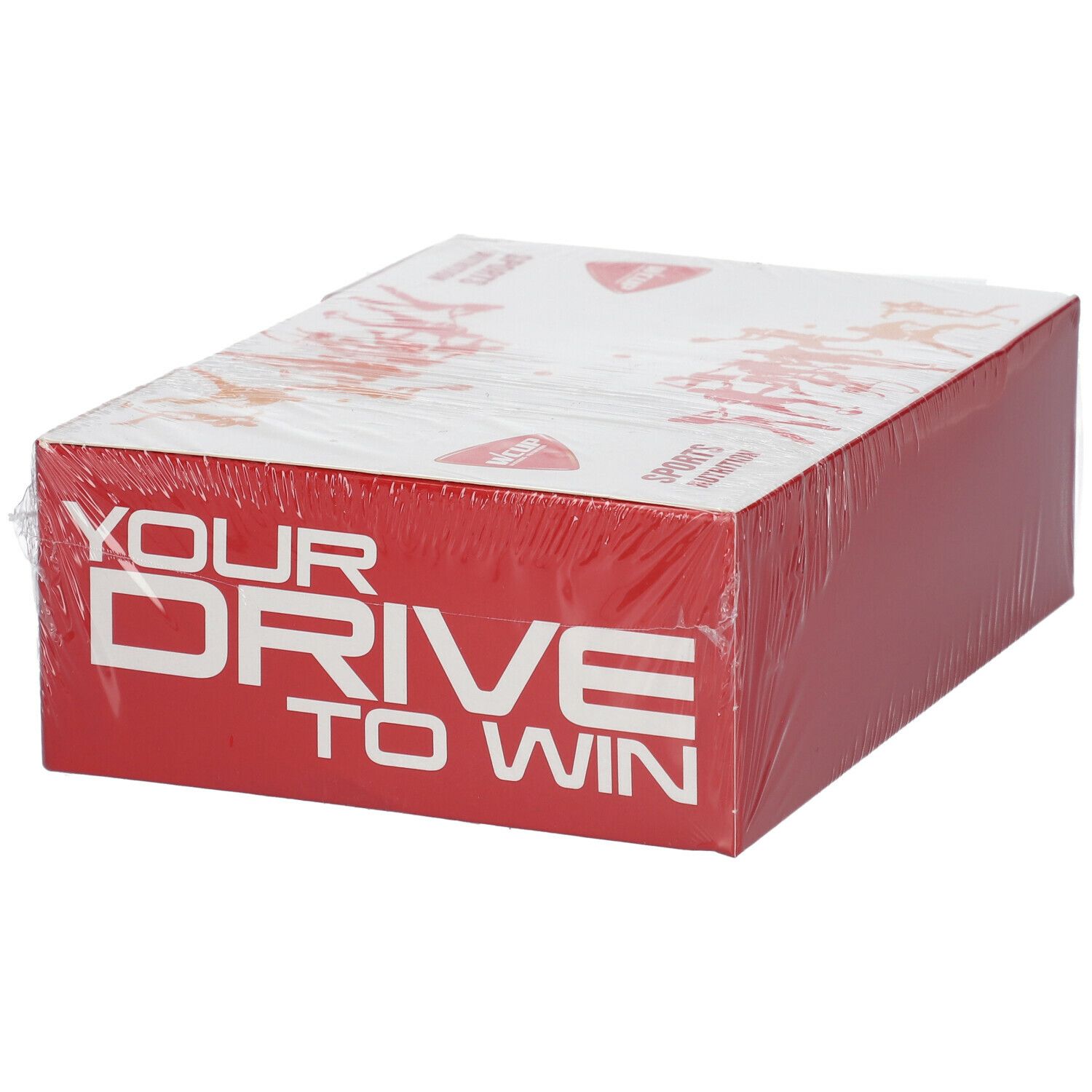 Emballage rouge et blanc, logo WCUP et texte. Emballé dans du film plastique. Inscription : YOUR DRIVE TO WIN.