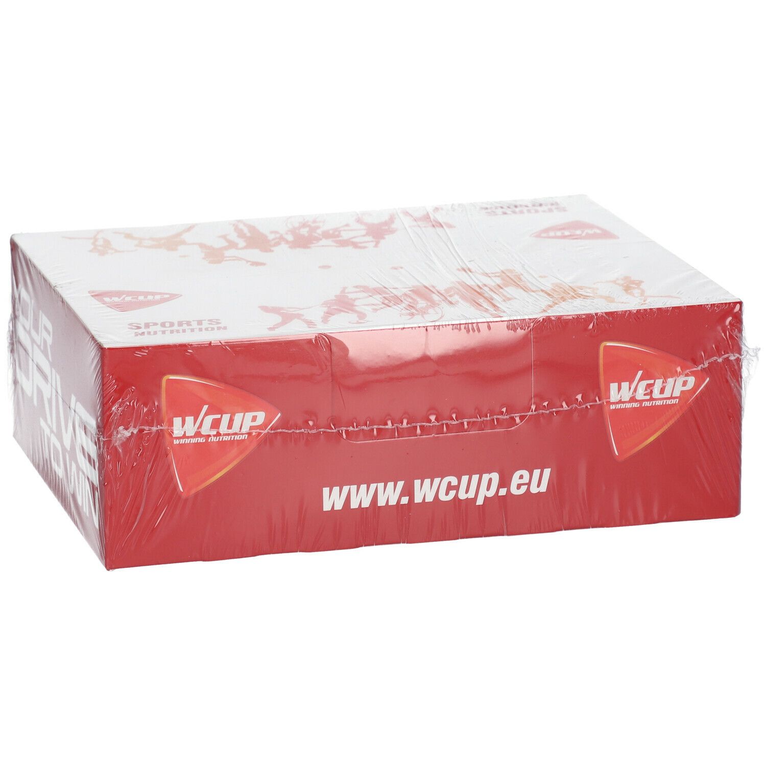 Emballage rouge et blanc, logo WCUP et texte. Emballé dans du film plastique. Inscription : www.wcup.eu.