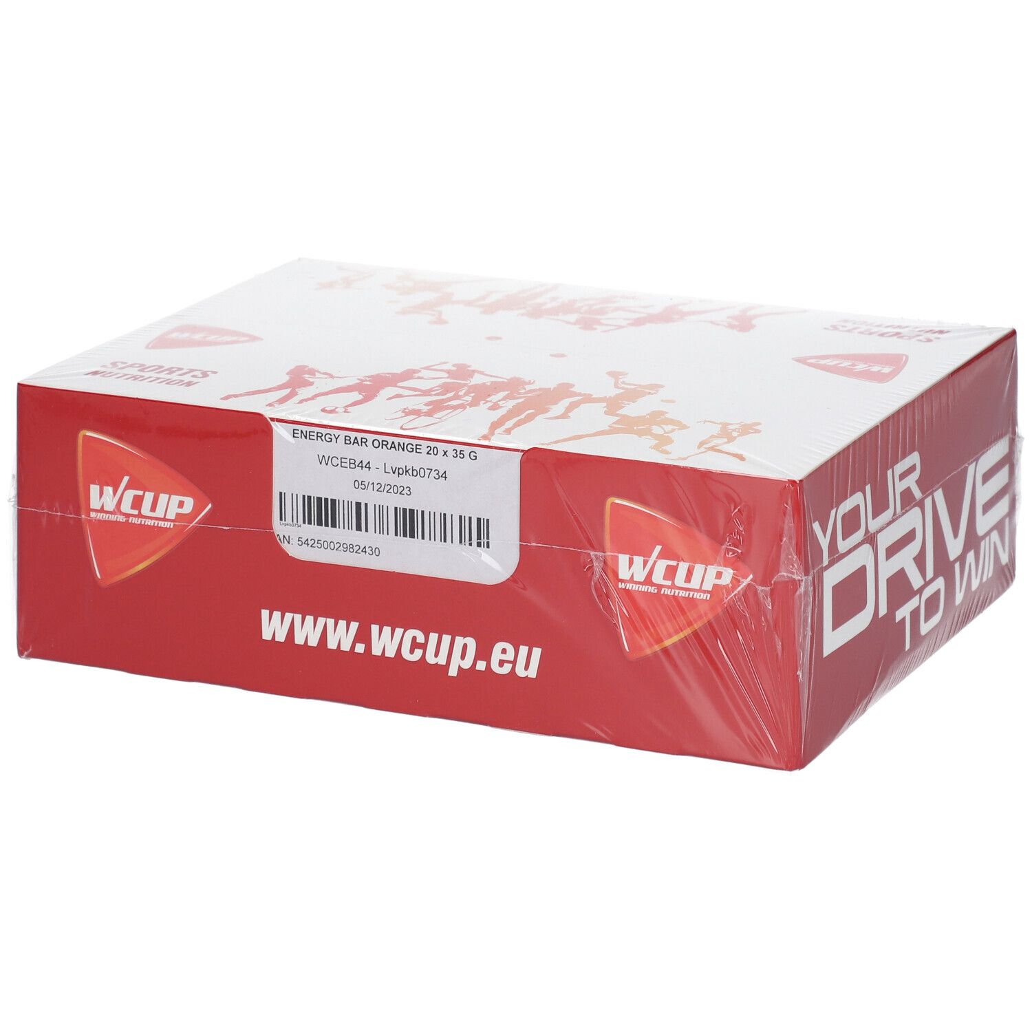 Boîte de barres énergétiques WCUP Orange. Boîte rouge avec texte et logo blancs. Emballage plastique transparent.