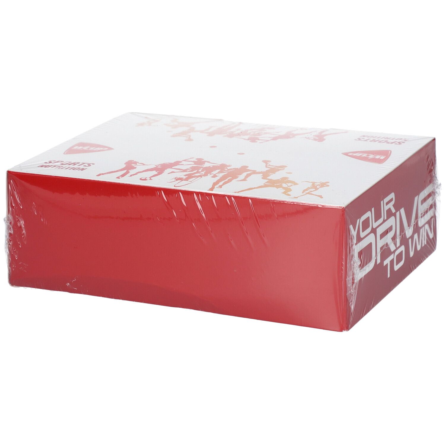 Boîte de barres énergétiques WCUP Orange. Boîte rouge avec texte et logo blancs. Emballage plastique transparent.