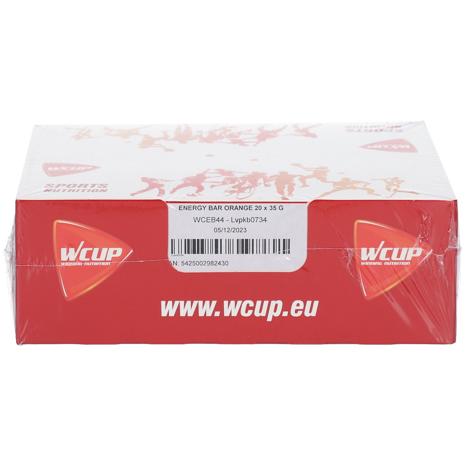 Boîte de barres énergétiques WCUP Orange. Boîte rouge avec texte et logo blancs. Emballage plastique transparent.