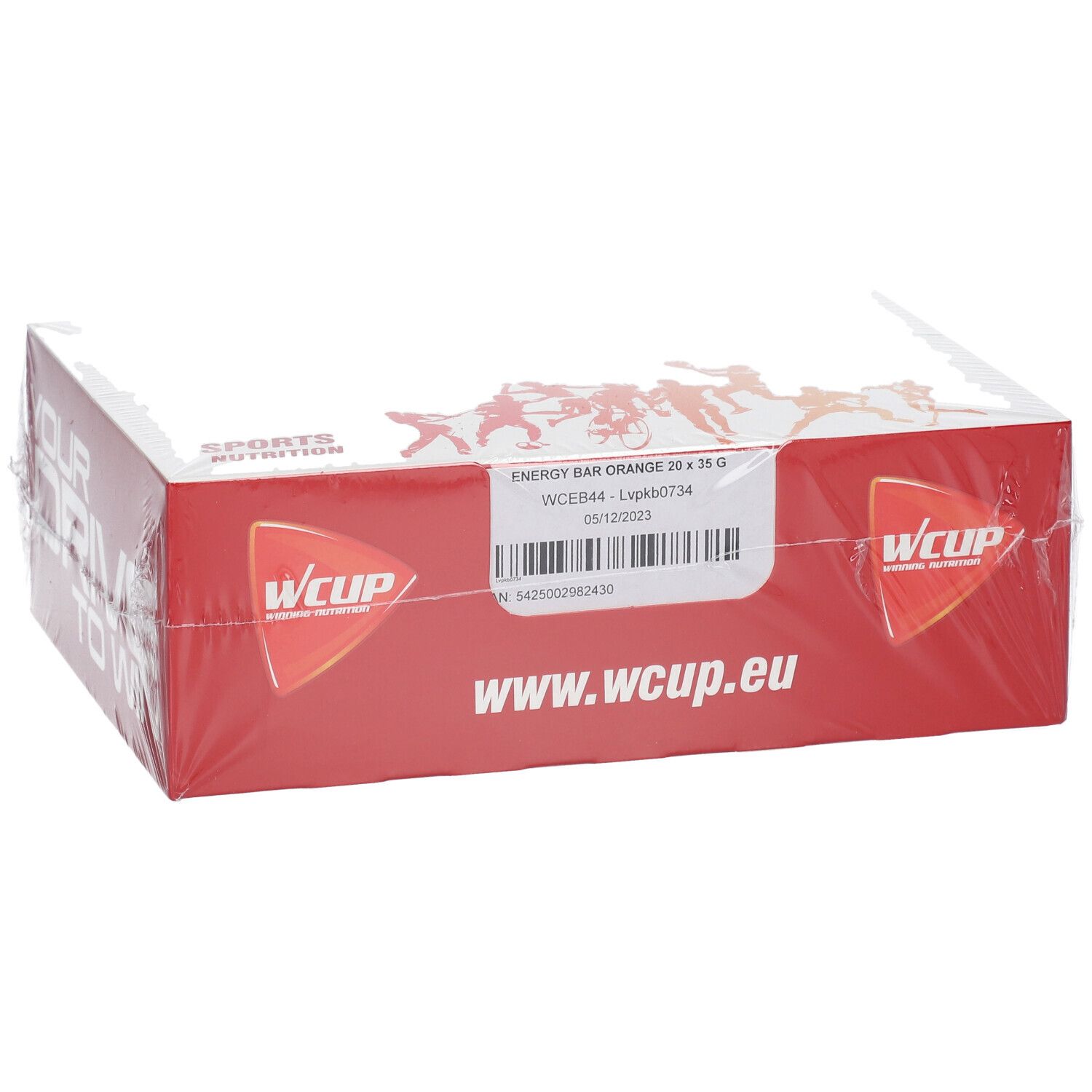 Boîte de barres énergétiques WCUP Orange. Boîte rouge avec texte et logo blancs. Emballage plastique transparent.