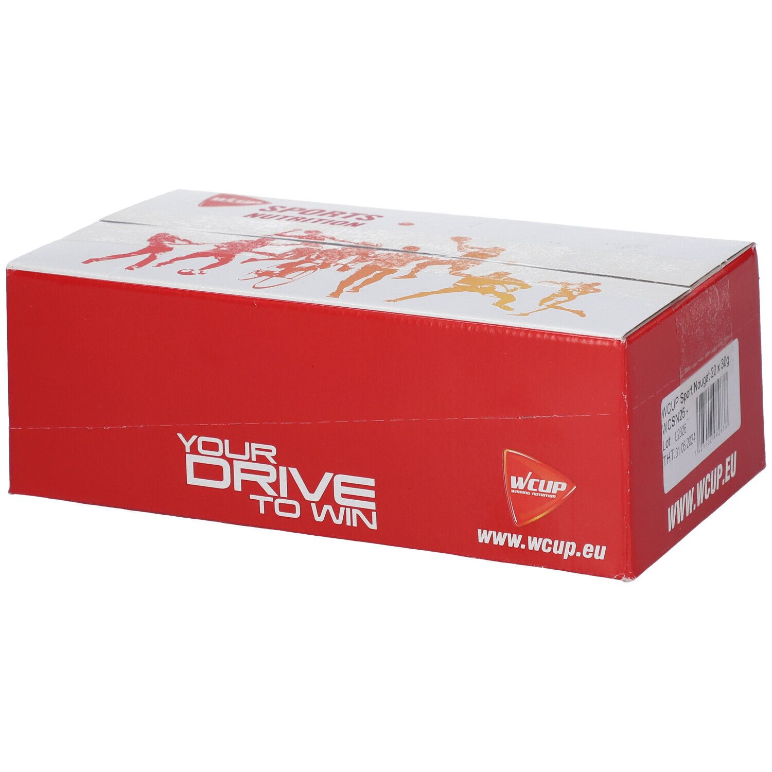 Rode kartonnen verpakking met WCUP-logo en tekst. Opschrift: YOUR DRIVE TO WIN. Bevat sportnougat. www.wcup.eu.