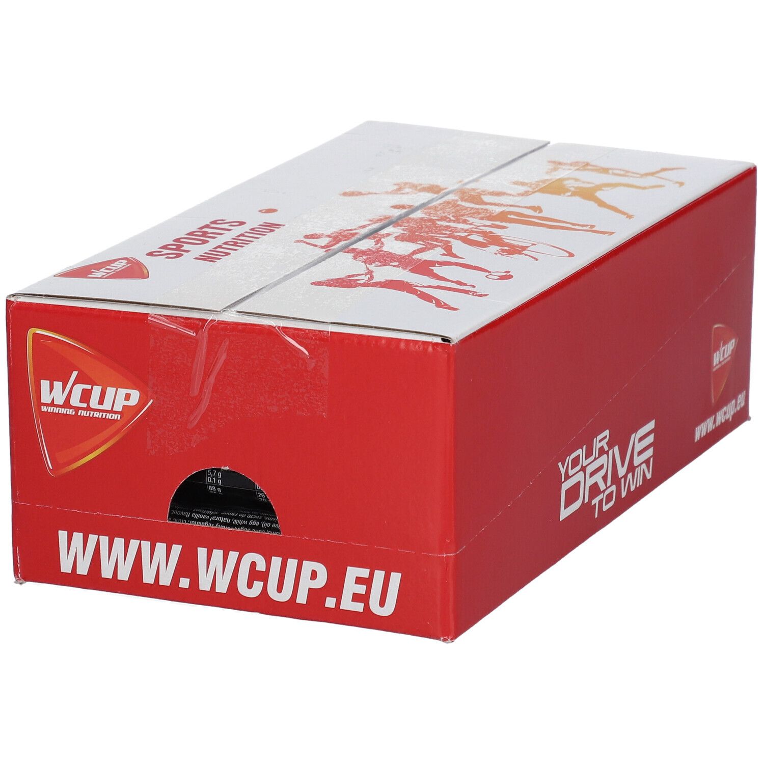 Rode kartonnen verpakking met WCUP-logo en tekst. Opschrift: SPORTS NUTRITION. Bevat sportnougat. www.wcup.eu.