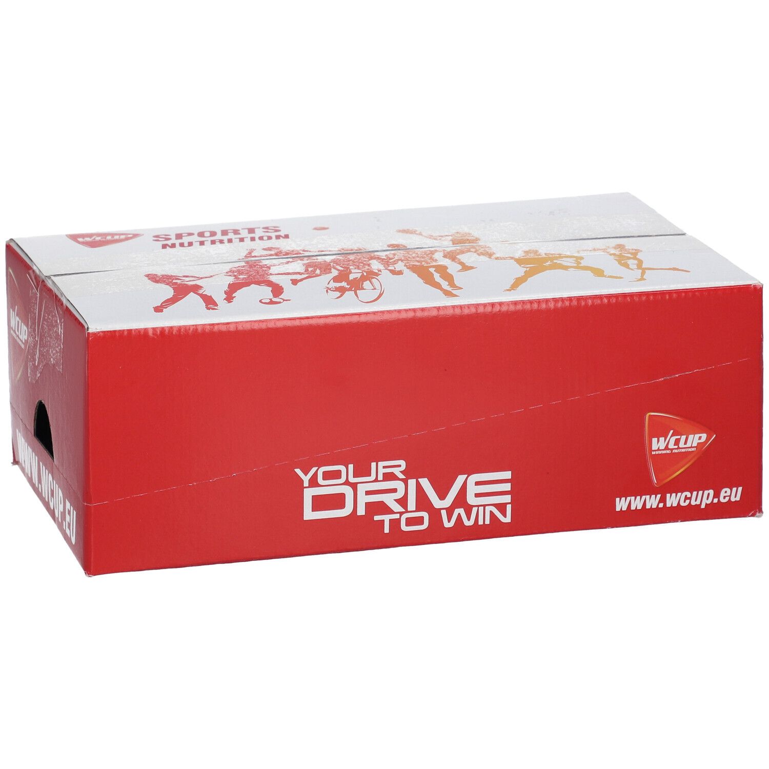 Rode kartonnen verpakking met WCUP-logo en tekst. Opschrift: YOUR DRIVE TO WIN. Bevat sportnougat. www.wcup.eu.